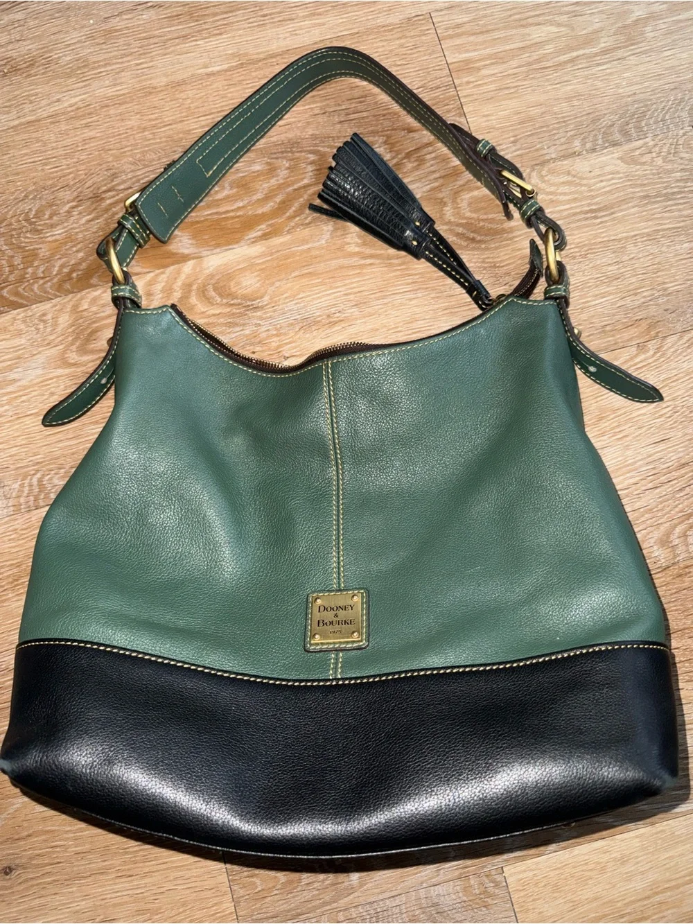 Dooney & Bourke Green and Black Leather Hobo Shoulder Bag with Tassel